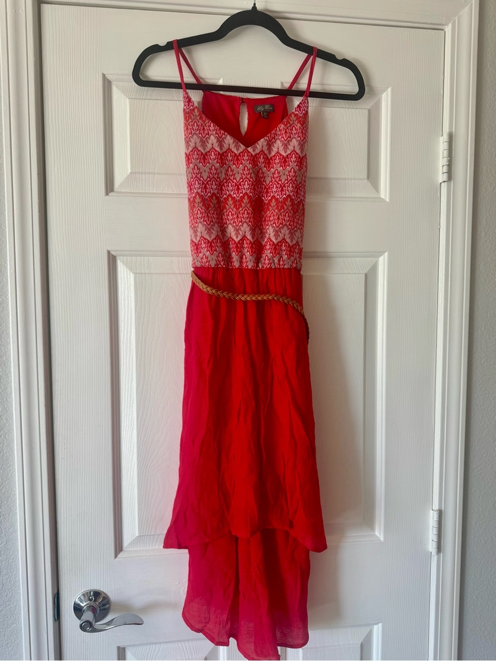 Lily Rose Pink and Red Patterned High-Low Dress with Braided Belt Accent. XL